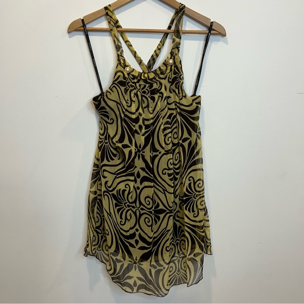 Vintage Bebe Silk Tribal Print Flowy Mini Dress Tan Brown